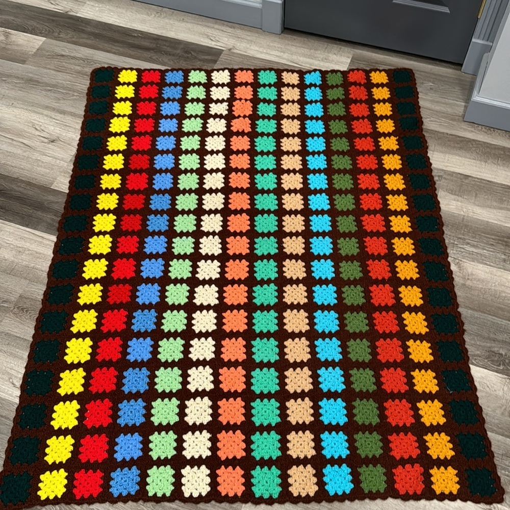 Vintage Hand Crocheted Granny Square Afghan Throw